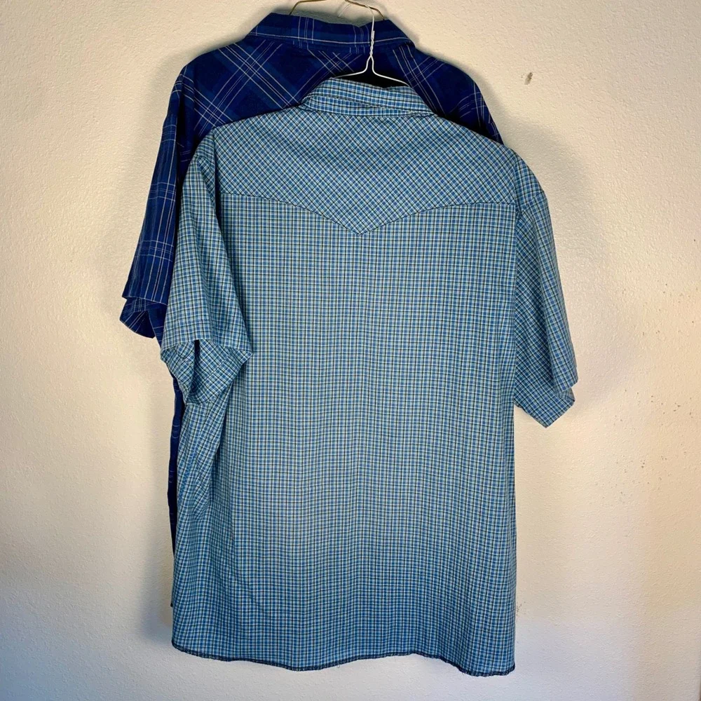 Lot of 2 Wrangler‎ 2XLT Tall Pearl Snap Western Shirts Blue Plaid Short Sleeves